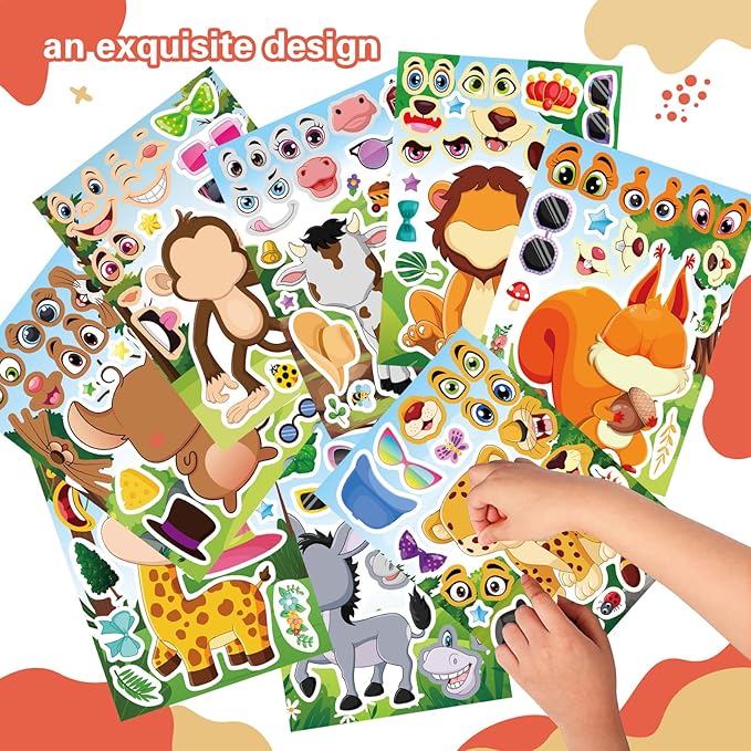 24 Sheets Animal Stickers for Kids Toddler, Jungle Animal Stickers Make-a-face Sticker Sheets Make Your Own Mix and Match Sticker for School Classroom Techer Reward Birthday Gift