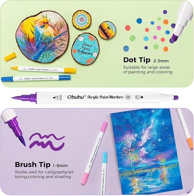 Ohuhu Acrylic Paint Markers Dual Tips: 72 Colors Brush & Dot Paint Pens High Opacity Acrylic Markers Waterproof Lightfast for Christmas Gifts Rock Painting 3D Prints Egg Wood Glass Ceramic DIY Crafts