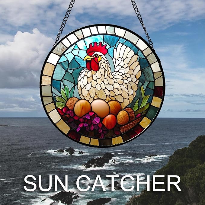 Stained Glass Window Hanging White Chicken Hatching Eggs 7.8" - Suncatcher Door Garden Sunroom Sun Catcher Home Decor Birthday Christmas for Mom Men Woman Nana
