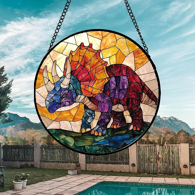 Stained Glass Window Hanging - Triceratops Abstract Dinosaur Suncatcher for Door Terrace Garden Home Decor, Orange Red Sun Catcher Birthday Gifts for Lovers Women Men Dad Mom Nana 7.8 in