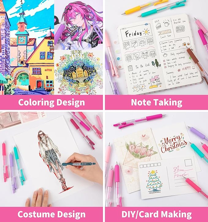 Gel Pens For Coloring, 12 Colors Retractable Colored Pens for Black Paper & White Paper, 0.7mm Fine Point Colorful Pens for Coloring, Writing, Drawing, Journaling, Note Taking, Office, Home