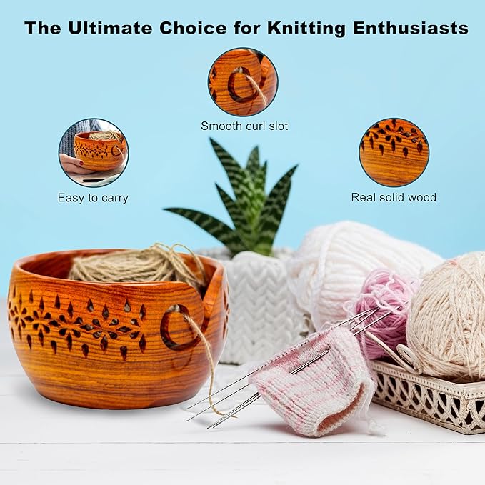 Nagina International Rosewood Crafted Wooden Yarn Storage Bowl With Carved Holes & Drills | Knitting Crochet Accessories (Large)