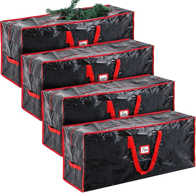 Amylove 4 Pcs Large Christmas Tree Storage Bags Heavy Duty Xmas Zippered Bags Bulk Waterproof Plastic Christmas Tree Container with Carry Handles(7.5 ft,Black)