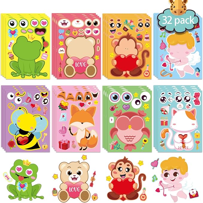 32 Sheets Valentine Stickers for Kids, Valentine' s Day Make a Face Stickers, Make Your Own Valentine Stickers 8 Designs of Animal Little Angel Sticker, Valentines Crafts Love Heart Sticker