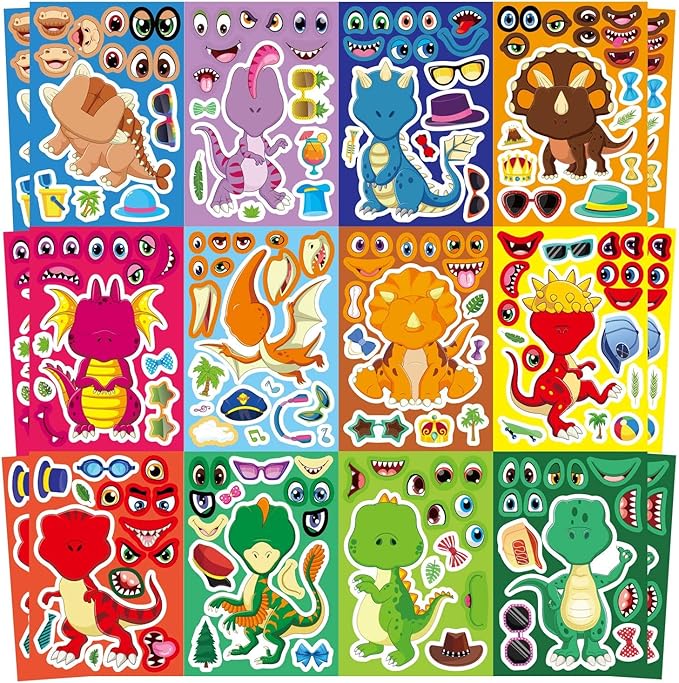 24 PCS Dinosaur Sticker for Kids, Make Your Own Dinosaur Sticker Sheets 12 Design Boy Girl Toddlers Stickers, Dinosaur Party Favors Supplies Art Craft, Birthday Gift, Teacher Classroom Reward