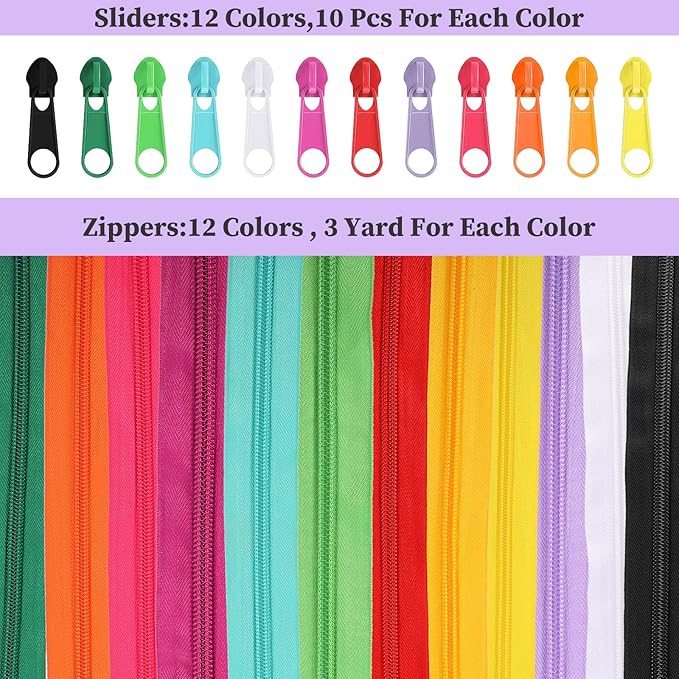 Syhood 36 Yards 12 Pieces #5 Sewing Zippers Tapes Assorted Nylon Lightweight with 120 Plastic Zipper Sliders for Women Men Sewing Supplies(Bright Color)