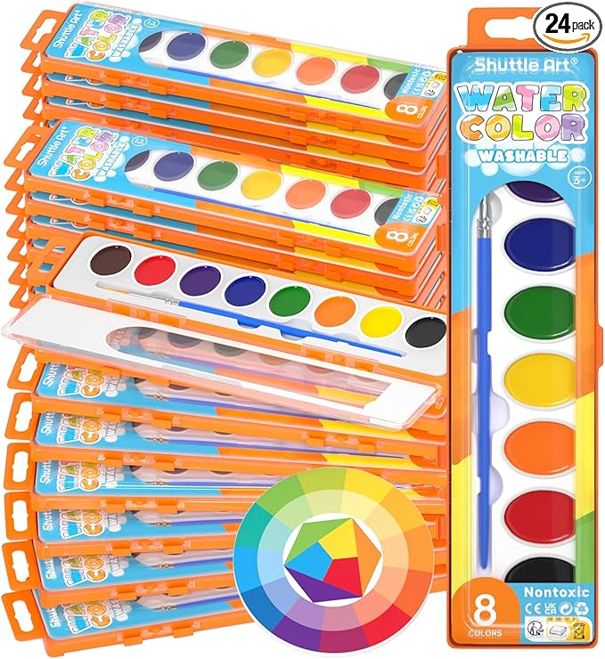 Shuttle Art 24 Pack Watercolor Paint Set, 8 Colors with Paint Brushes & Color Wheels, Washable for Kids & Adults, Suitable for Classroom, Parties, Kindergarten & Art Activities