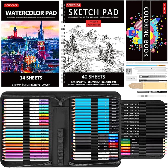 Soucolor Art Supplies, 76 Pack Drawing Set Sketching Kit, Box for Artist Adult : 3-Color Sketchbook, Watercolor Pad, Coloring Book, Charcoal Colored Watercolor Metallic Pencils