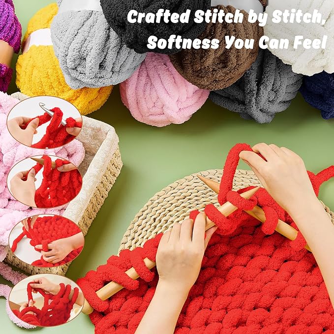 Inhand 8 Pack Chunky Chenille Yarn for Crocheting–30.6 Yards, 7.7oz, Soft Fluffy Thick Yarn, Gifts for Women/Grandma Birthday Christmas Unique, Hand Knitting for Blankets & DIY Crafts (Red)