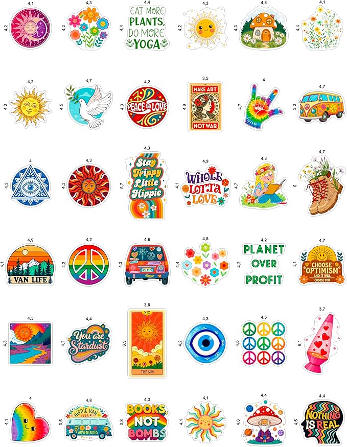 100Pcs Hippie Stickers for Phones, Water Bottles, Groovy Stickers Bulk for Laptop, for Water Bottle - Hippie Gifts, Party Supplies & Decoration - Gift for Women & Men