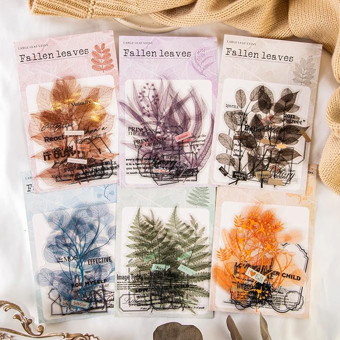 Yoksas 120Pcs Large Nature Plants Leaf Veins Stickers - Clear Waterproof Fallen Botanical Leaves Stickers for Scrapbooking,Junk Bullet Journal