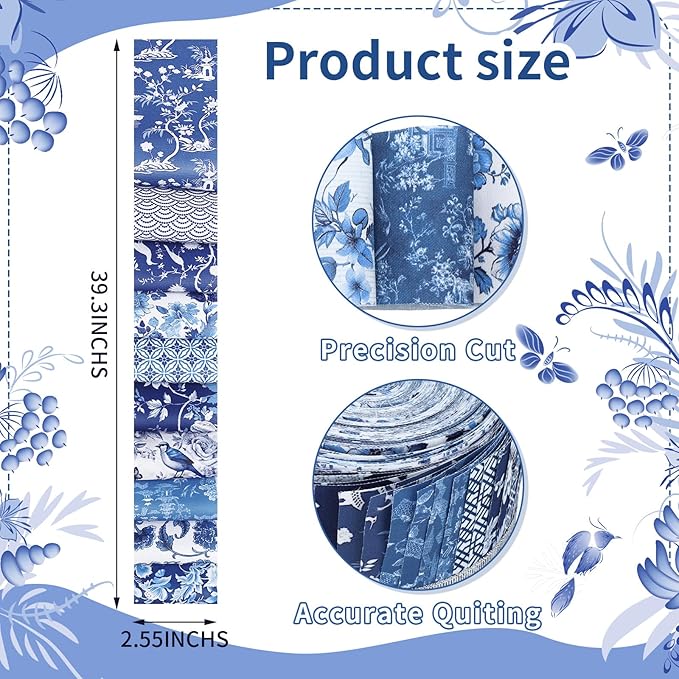 40 Pcs Blue and White Floral Christmas Quilting Fabric Roll 2.56 Inch Precut Fabric Squares Jelly Patchwork Chinoiserie Strips Materials for Winter Xmas Holiday Craft Sewing Panels DIY