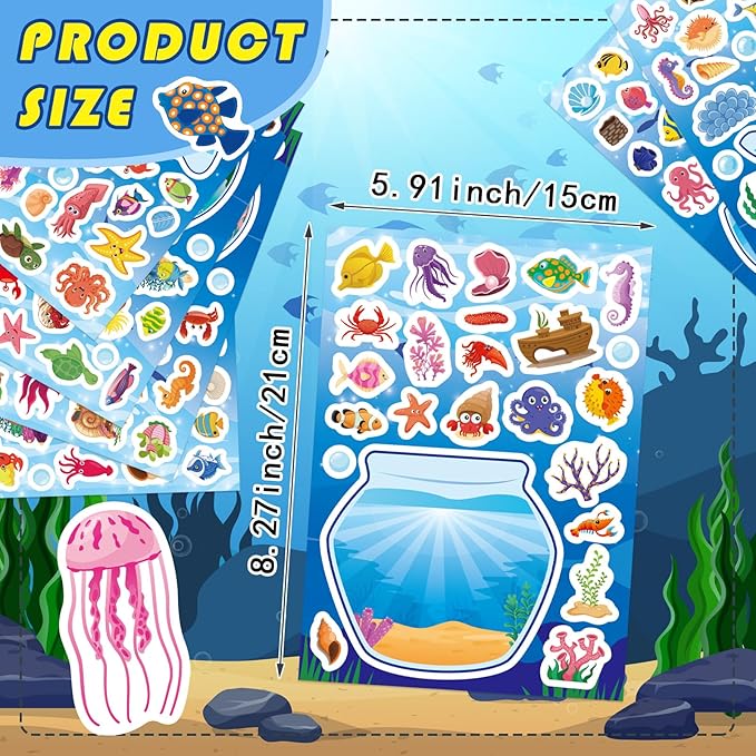 24 PCS Ocean Animal Stickers, Make a Face Sticker Sheets for Kids, Make Your Own Sea Animal Fish Tank Scene for Kids Summer Party Favors Activities