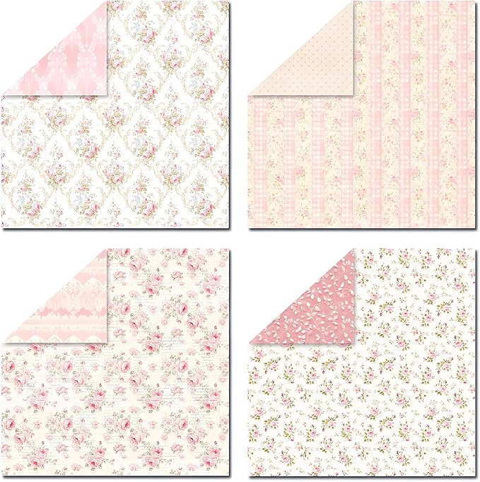 VIVIQUEN 24 Pack Pink Floral Double-Sided Paper, 12-inches Vintage Flowers Scrapbook Specialty Craft Paper Folded Flat for DIY Background Card Art Craft Making Scrapbook Photo Album Decor