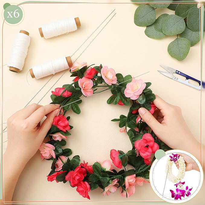 Leriton 13 Pcs Lei Needle Kit Include 6 Pcs Stainless Steel Long Needle 6 Twine 1 Sewing Scissors for DIY Marigold Garland Hawaiian Flowers Bead Stitch Craft(14'',Novel Style)