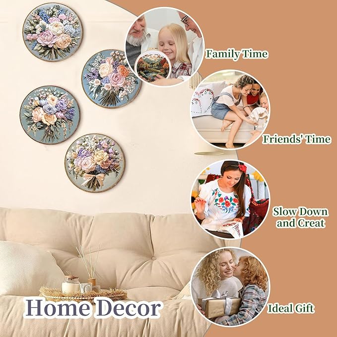 FONNUY Bouquet Flowers Embroidery Kit for Beginners, Pre-Stamped Pattern Kits for Adults with Hoop, Easy to Follow Color Thread Needlework, 8'' Hoop (Timeless Elegance)