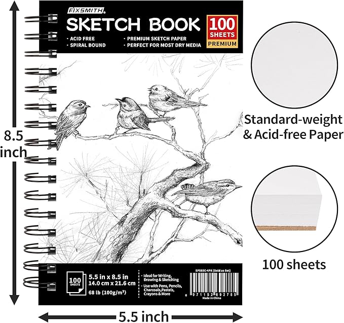 FIXSMITH 5.5"X8.5" Sketch Book | 400 Sheets (68 lb/100gsm) Sketchbook |Acid Free Drawing Paper | Spiral Bound Artist Sketch Pad | for Kids, Beginners, Artists & Professionals | Bright White