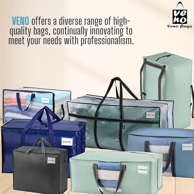 VENO 10 Pack Moving Bags, Upgraded Heavy Duty, Moving Boxes Alternative, Packing Storage Supplies for Dorm Room Essentials with Zipper for Clothes, Large Totes for Packaging (Light Blue, 10 Pack)