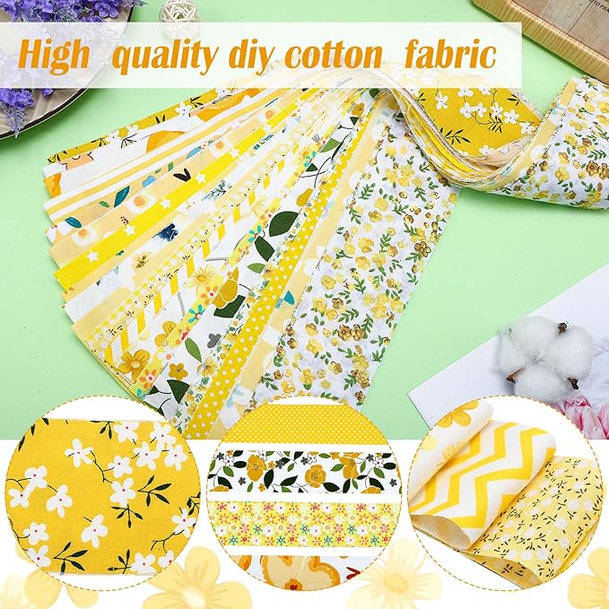 Ganeen 100 Pcs Yellow Floral Quilting Fabric Roll 2. 56 Inch Fabric Squares Jelly Patchwork Precut Strips Bundles for Holiday Materials Craft DIY Sewing Cloths