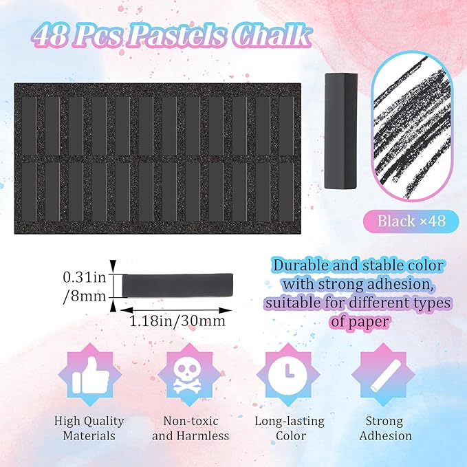 48 Pcs Soft Chalk Pastels Set Soft Pastel for Artists Square Sketch Chalk Non-toxic Artist Pastel Sticks for Professional Artists Students and Art Lovers(Black Color,30×8×8mm)