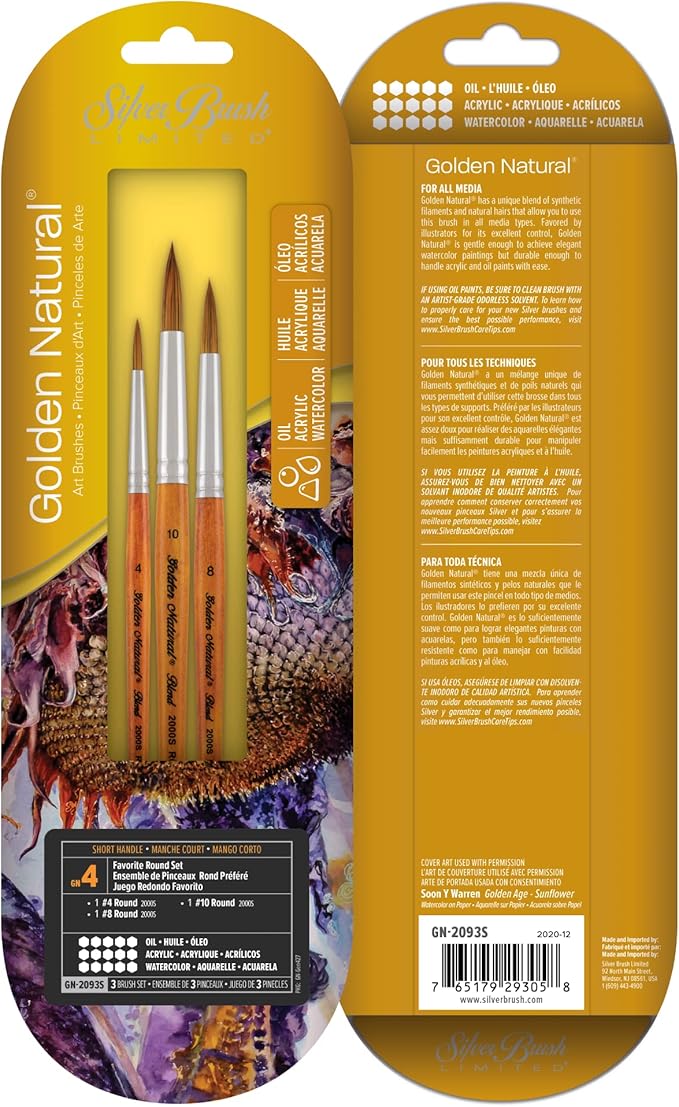 Silver Brush Limited GN-2093S Golden Natural Round Art Brush Set, Watercolor, Oil, and Acrylic Paintbrushes, 3-Piece Set