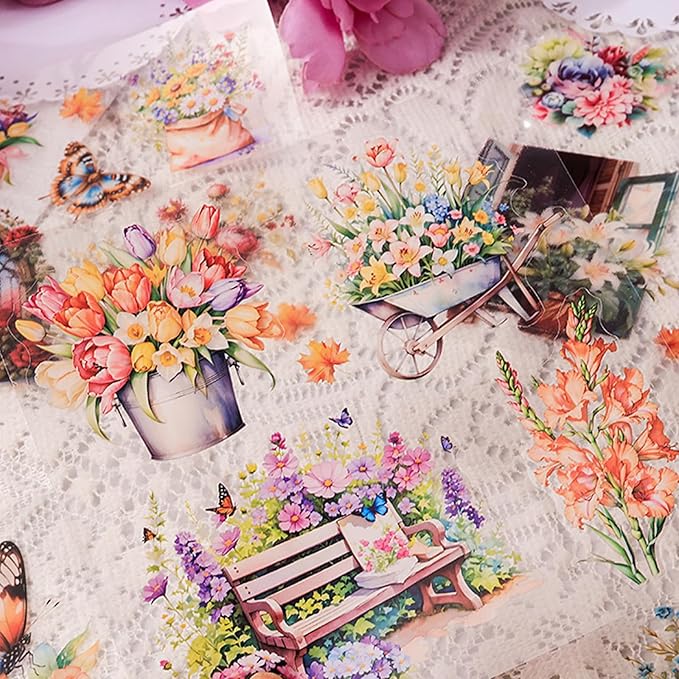 Floral Stickers Set,30 Sheets Orange Waterproof PET Clear Flower Stickers for Scrapbooking Journaling Bullet Journal Junk Journal Supplies