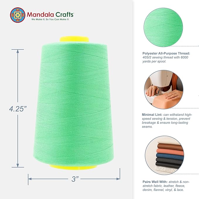 Mandala Crafts 4 Pack of Serger Threads Cones Spools - 40S/2 24000 Yards Polyester Seafoam Green Threads for Sergers Machine and Overlock Quilting Sewing Machine