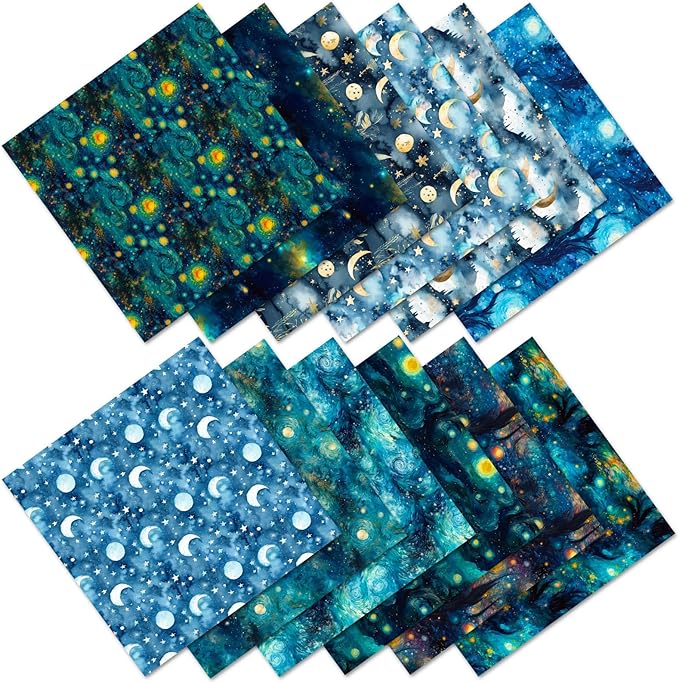 12 Sheets Starry Night Scrapbook Paper 6" x 6", Vintage Craft Scrapbooking Paper Pad,Journaling Scrapbooking Supplies,Cardstock Decorative Craft Paper