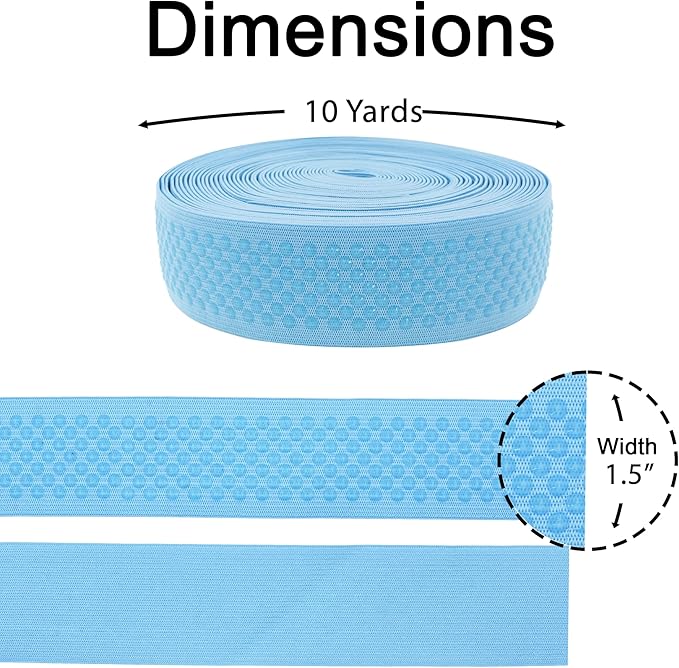 Mandala Crafts 1.5 Inch Elastic Silicone Gripper Tape for Clothing - 10 Yds Dotted Non Slip Elastic Band for Sewing - Light Blue Silicone Flat Fabric Stretchy Ribbon Straps