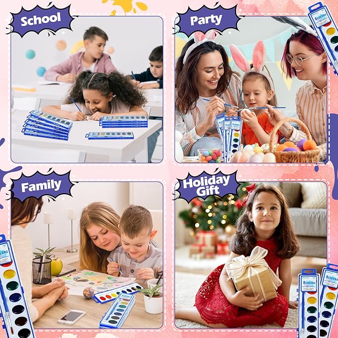 24 Pack Watercolor Paint Set - 8 Colors Quality Washable Water Color Paints Sets with Paint Brush, Kids Watercolor Paint Set for Coloring, Art, Classrooms, Party Favors and Paint Supplies