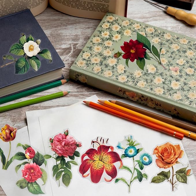 120 pcs Vintage Floral Stickers Kit - Large Junk Journal Stickers for Scrapbooking, Card Making, DIY Crafts, Personalized Letters & Bullet Journal Decor