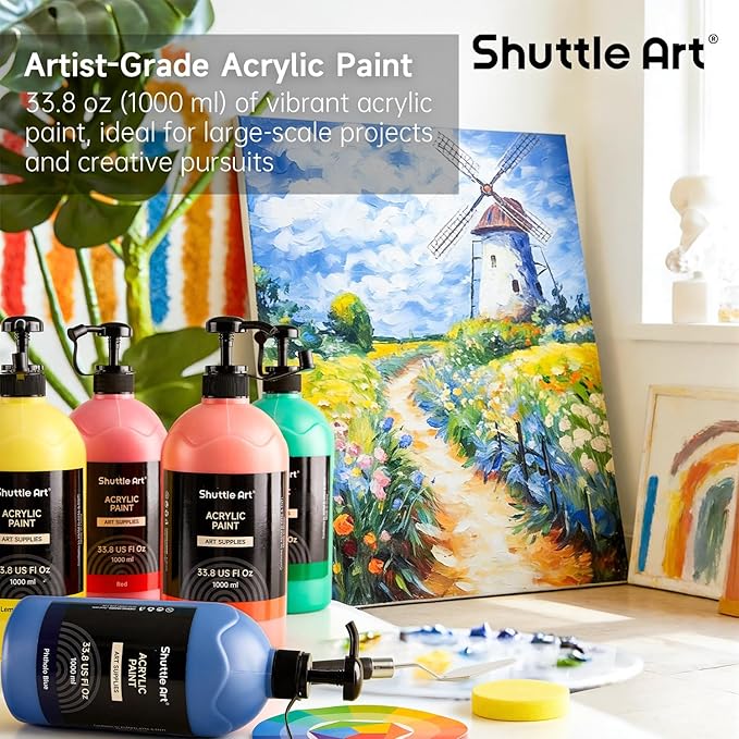 Shuttle Art 15 Colors Acrylic Paint Set, 33.8oz/1000ml Large Capacity Pump Bottles, Rich Pigments, High Coverage Paint, Fast Drying, Non-Toxic, for Canvas Wood Ceramic Rock Painting & DIY Crafts