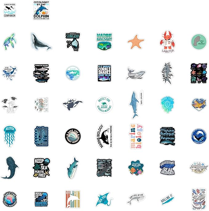 BulbaCraft Marine Biology Stickers for Water Bottle and Laptop - Marine Biology Party Supplies & Decorations, Waterproof Vinyl Decals, Ocean Stickers, Gifts for Women & Men