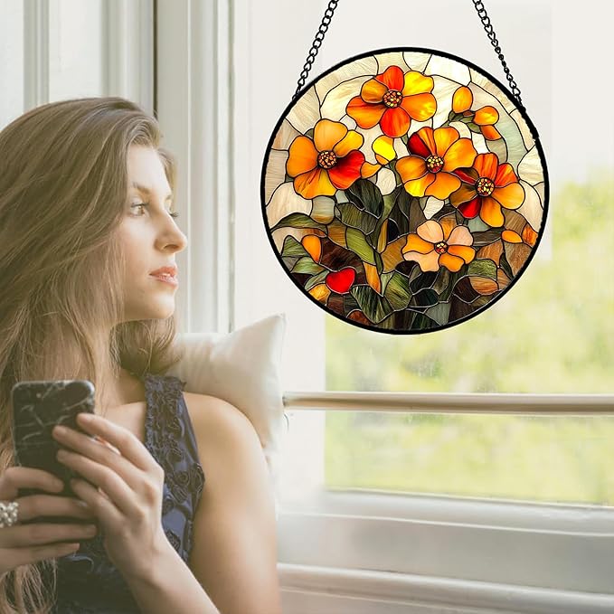 Stained Glass Window Hanging - Orange Marigolds Flowers Suncatcher for Door Garden Yard Sun Catchers Decor Christmas Mother's Day Birthday Gifts for Women Mom Nana Girlfriend Men 6.3 in