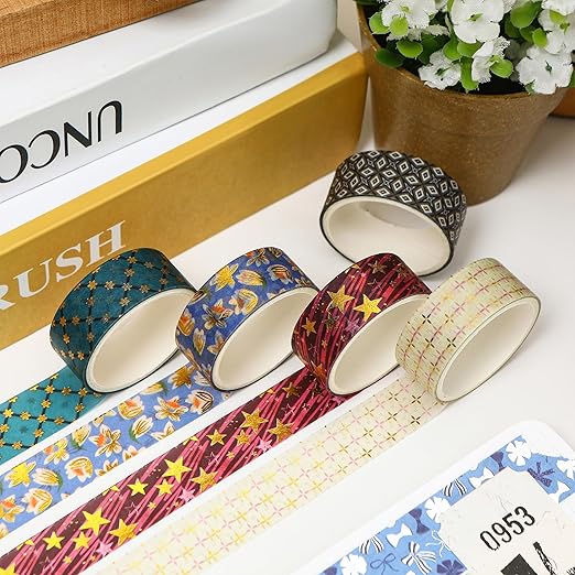 12 Rolls Charming Washi Tape Set Gold Silver Foil Detailing Arts Adhesive Tapes Basic Patterns Decorative Masking Tape Sets for Craft, Kids, Scrapbook, DIY, Gift Wrapping (Golden Galaxy)