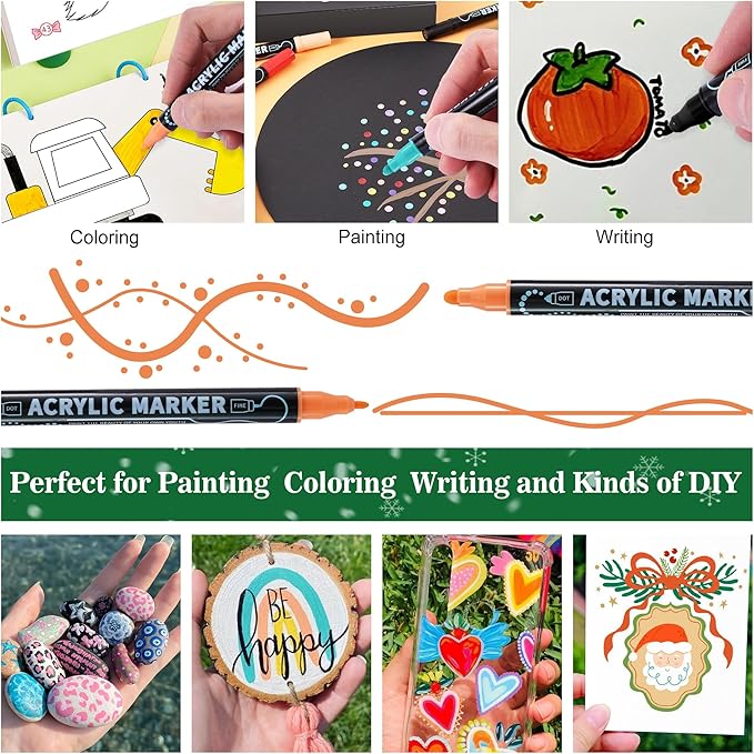 30 Colors Waterproof Dual Tip Acrylic Paint Markers, Dot & Fine Tip Premium Coloring Drawing Paint Pens Set for Paper, Rock, Wood, Canvas, Glass, Ceramic Surfaces and DIY Crafts Art Supplies