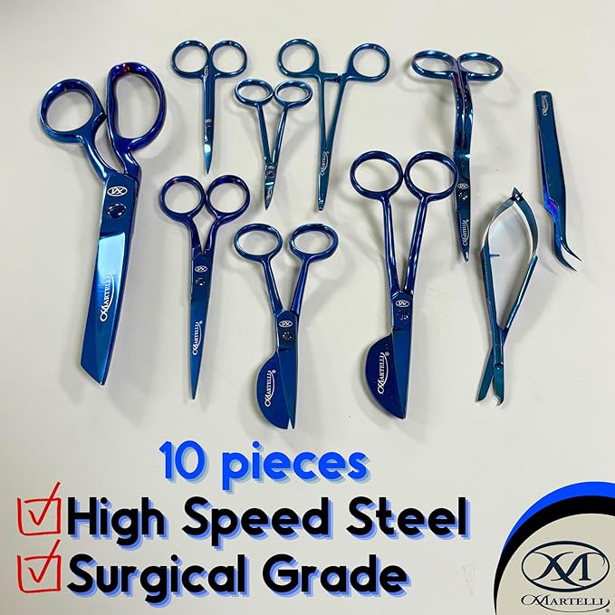 Martelli - 10 piece Stainless Steel Scissor Kit - Professional Sewing Shears for Fabric Cutting with Quilting and Fashion Design - Blue