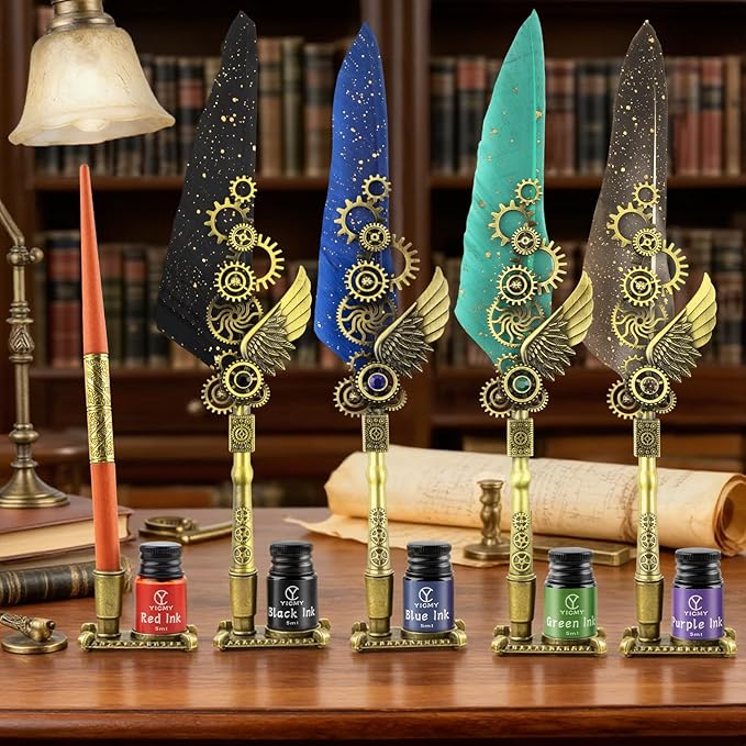 Quill Pen and Ink Set, Calligraphy set - feather quill pen, Wooden Dip Pen, 5 Color Ink, 5 Replaceable Nibs, Pen Holder,Vintage Calligraphy Pens for Beginners and Calligraphy Lovers (Blue)