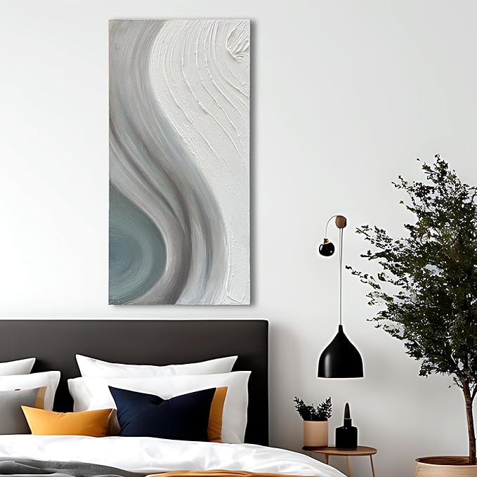 Art Hand-Painted White and Grey Gradient Texture Abstract Oil Painting, 48x24-inch Vertical Canvas Painting, Home and Office Wall Decoration Art
