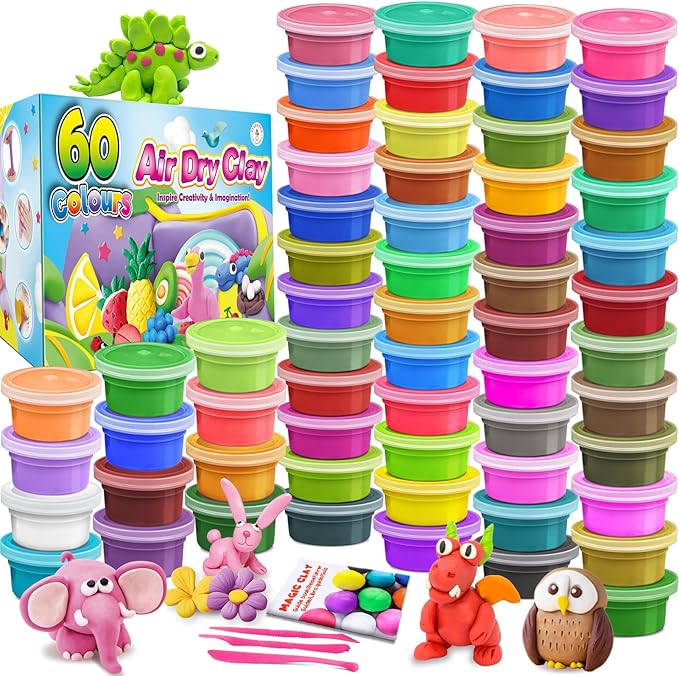 ESSENSON Air Dry Clay 60 Colors, Modeling Clay for Kids, DIY Molding for with Tools, Toys Gifts for Age 3 4 5 6 7 8+ Years Old Boys Girls Kids