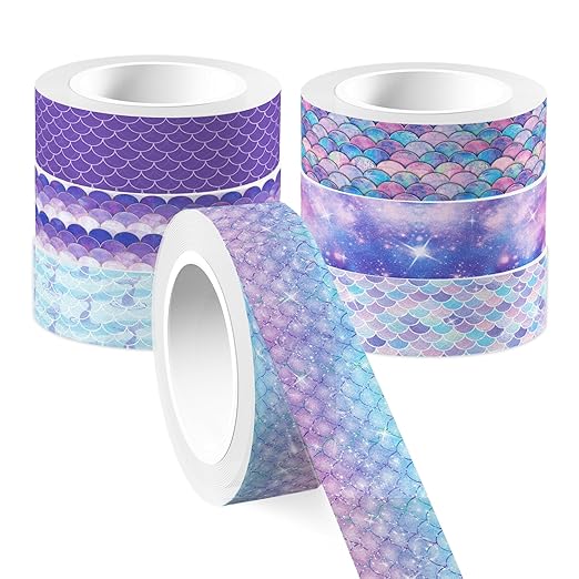 12 Pcs Mermaid Washi Tapes Set Mermaid Pattern Masking Tape Mermaid Themed Decorative Tape Mermaid Printed Decorative for DIY, Planner, Scrapbooking, and Party Decor