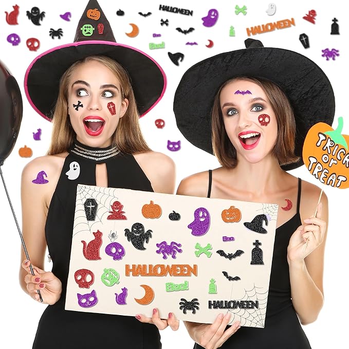 300Pcs Halloween Stickers, Self-Adhesive Glitter Halloween Foam Stickers, Assorted Shape Pumpkin Spider Bat Sticker, Halloween Party Favors Bulk for DIY Crafts Home Decorations