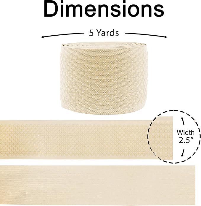 Mandala Crafts 2.5 Inch Elastic Silicone Gripper Tape for Clothing - 5 Yds Dotted Non Slip Elastic Band for Sewing - Cream Silicone Flat Fabric Stretchy Ribbon Straps