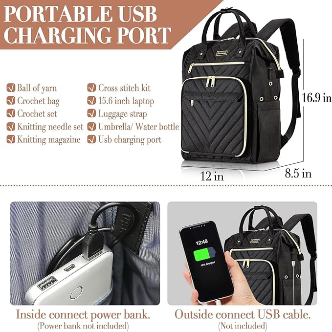 Knitting Bag Backpack, Yarn Organizer with USB Charging Port, Quilted Backpack for Women, Christmas Gifts Large Travel Crochet Bag Totes for Crochet Hooks, Knitting Needles, Yarn Supplies, Black