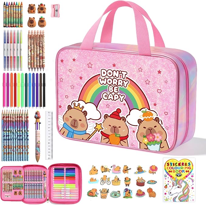 73PCS Capybara Washable Markers Set with Glitter Pencil Case,Art Supplies and Craft for Girls Ages 4-6-8,Kids Coloring Drawing Kit with Marker,Colored Pencil,Crayon,Gel Pen,Birthday Gift Toys for Girl