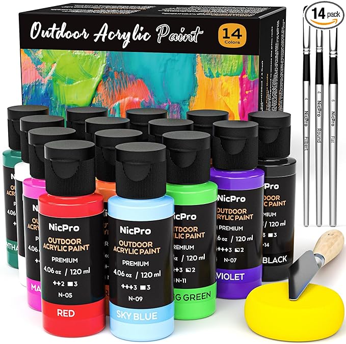 Nicpro 14 Colors Outdoor Acrylic Paint Bulk (4.06 oz,120ml) with Brush and Sponge, Knife, Non-Toxic Gloss Paint for Multi-surface Rock, Wood, Fabric, Leather, Crafts, Canvas, Shoes and Wall Painting