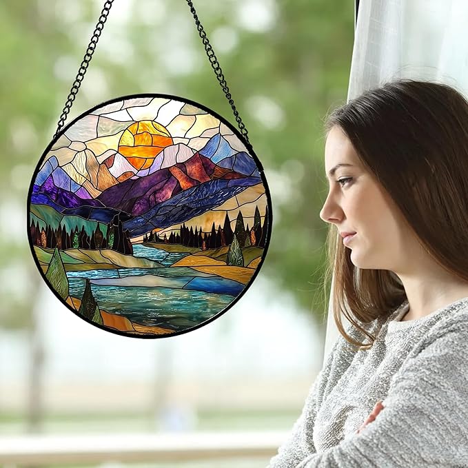 Stained Glass Window Hanging, Blue Lake Golden Sun Abstract Mountains Landscape Suncatcher for Doors Window Home Sun Catchers Decor Mother's Day Birthday Gifts for Women Men Mom 11.8 in