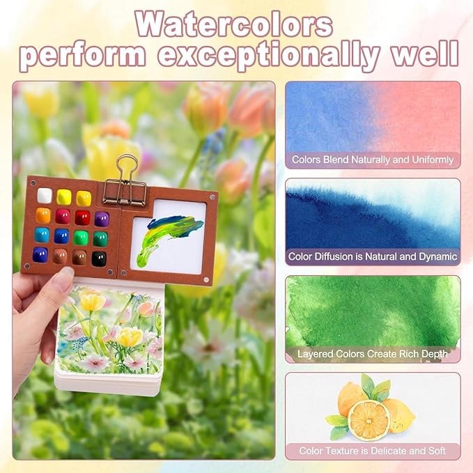 Mini Watercolor Paint Set, Tiny Mini Paint Palette Travel Kit, Portable Pocket Artist Water Color Travel Set with 24 Colours, Sketchbook, Watercolor Pen, 15 Grid Paint Box For Painters and Artists