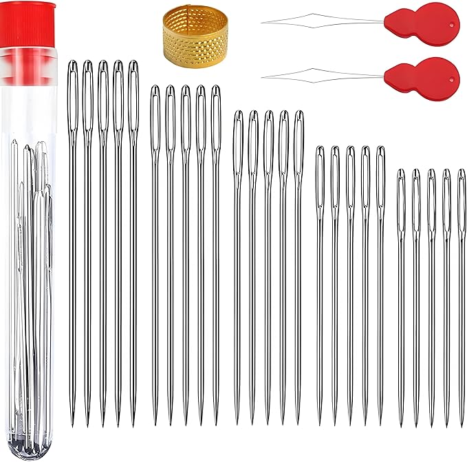 HABOQUAN 25PCS Large Eye Sewing Needles Set - 5 Assorted Sizes, with 2 Threaders & Thimble Tool - Premium Galvanized Steel for Hand Sewing, Embroidery, Crafts & Mending