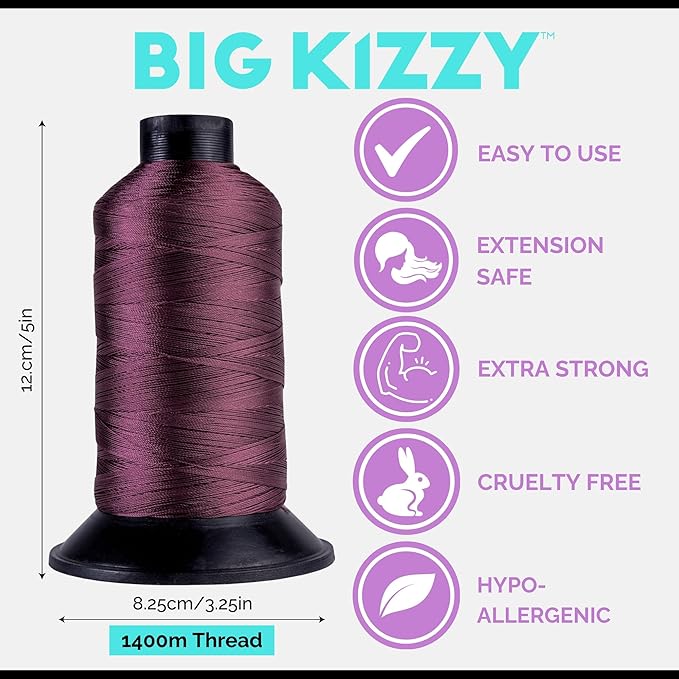 Big Kizzy Burgundy 1400m Nylon Thread for Hair Extensions, Sew in Human Hair Weft and Wigs - Non-Slip and Comfortable Hold for Hand and Machine Tied Weft